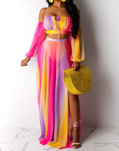 Load image into Gallery viewer, Rainbow Stripe Print Off Shoulder Long Sleeve Crop Top Maxi Skirt Two Piece Set
