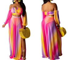 Load image into Gallery viewer, Rainbow Stripe Print Off Shoulder Long Sleeve Crop Top Maxi Skirt Two Piece Set
