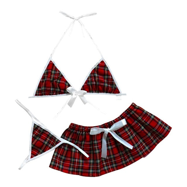 Plaid Style Uniform Mini Skirt Thong Set