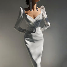 Load image into Gallery viewer, Elegant V Neck Long Sleeve Mid Calf Pencil Dress
