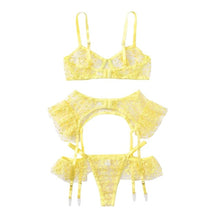 Load image into Gallery viewer, Women Yellow Underwire Bra Set Floral Embroidery Nightwear  Lingerie
