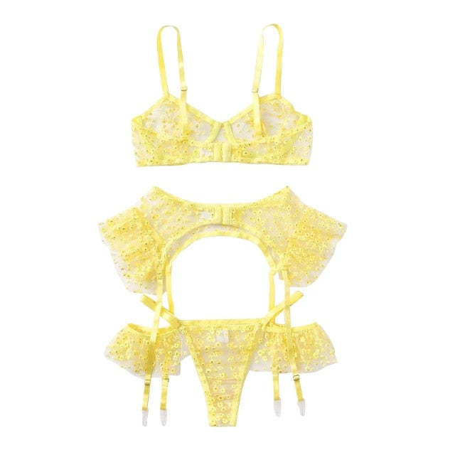 Women Yellow Underwire Bra Set Floral Embroidery Nightwear  Lingerie