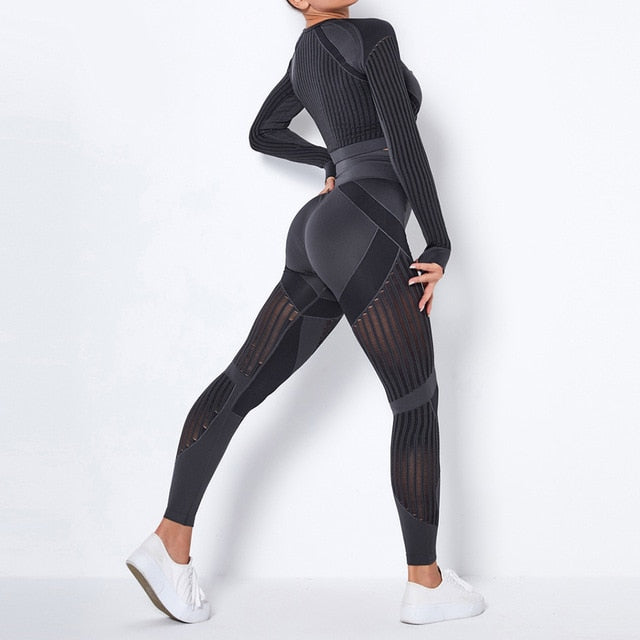 Seamless Yoga Set Workout Suit Fitness Sportswear Women Long Sleeve Crop Top High Waist Leggings Gym Active Wear