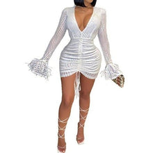 Load image into Gallery viewer, Sheer Mesh Patchwork Flare Sleeve Sequin Dress
