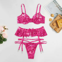 Load image into Gallery viewer, Women Sexy Hot Pink Heart Embroidery Lace Lingerie Set Lace Bra Mini Dress G-string
