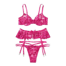 Load image into Gallery viewer, Women Sexy Hot Pink Heart Embroidery Lace Lingerie Set Lace Bra Mini Dress G-string
