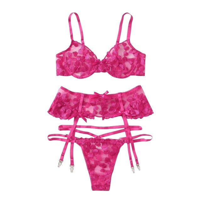 Women Sexy Hot Pink Heart Embroidery Lace Lingerie Set Lace Bra Mini Dress G-string