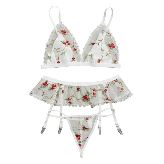 3PCS White Lace Flower Embroidery Bra Set  Nightwear Underwear Lingerie Sets