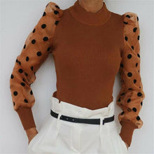 Load image into Gallery viewer, Turtleneck Knitted Polka Dot Puff Long Sleeve Blouse
