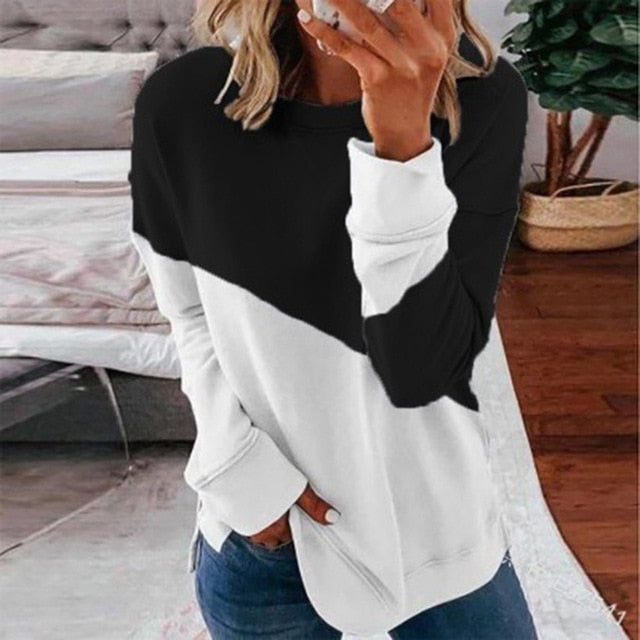 Patchwork O-neck Long Sleeve Tops Tee