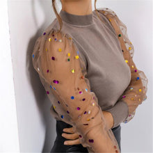 Load image into Gallery viewer, Turtleneck Knitted Polka Dot Puff Long Sleeve Blouse
