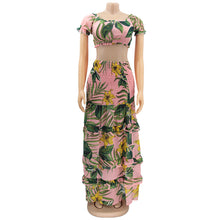 Load image into Gallery viewer, Floral Print Elegant Slash Neck Crop Tops+ruched Ruffles Two Piece Dress Set
