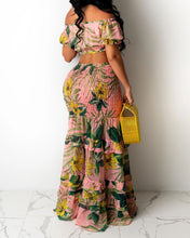 Load image into Gallery viewer, Floral Print Elegant Slash Neck Crop Tops+ruched Ruffles Two Piece Dress Set
