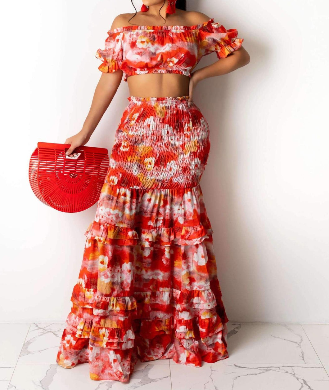 Floral Print Elegant Slash Neck Crop Tops+ruched Ruffles Two Piece Dress Set